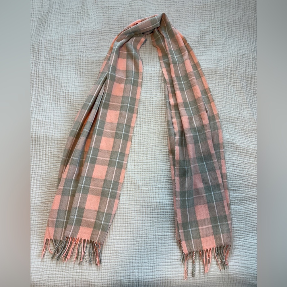 J‎ Crew Factory Blanket Shawl Scarf Tan Pink Classic Tartan Plaid Fringe